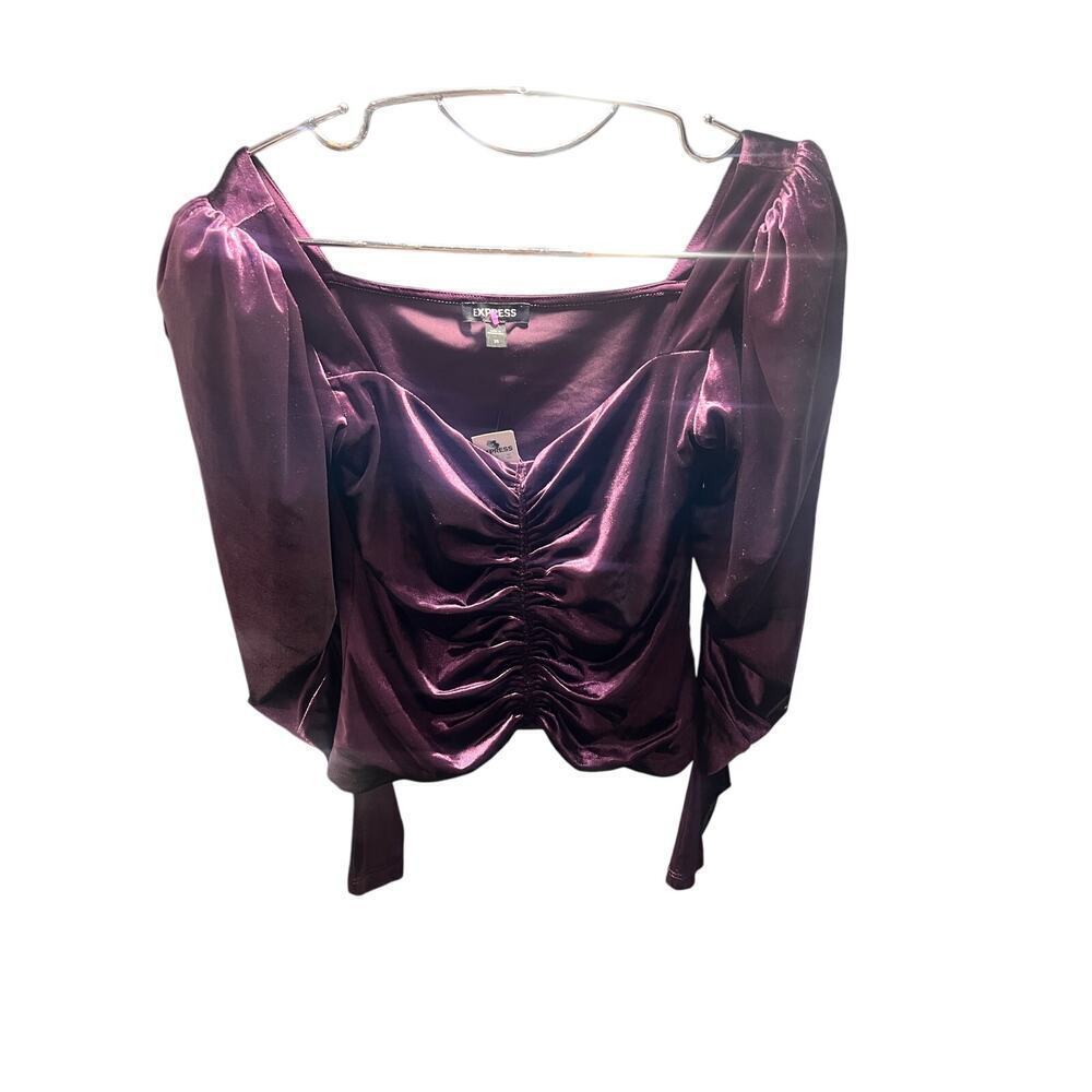 NWT Express Dark Purple Velvet Long Sleeve Blouse Top Ruched Front Women XSmall - Picture 7 of 7